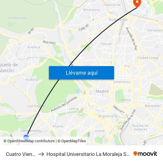 Cuatro Vientos to Hospital Universitario La Moraleja Sanitas map