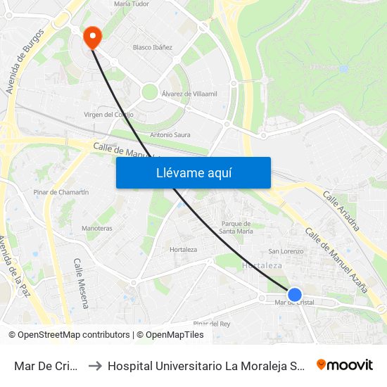 Mar De Cristal to Hospital Universitario La Moraleja Sanitas map