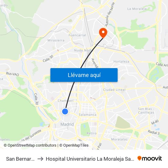 San Bernardo to Hospital Universitario La Moraleja Sanitas map