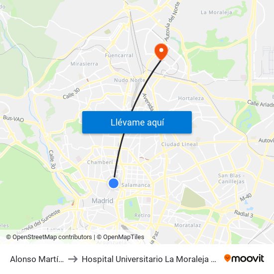 Alonso Martínez to Hospital Universitario La Moraleja Sanitas map