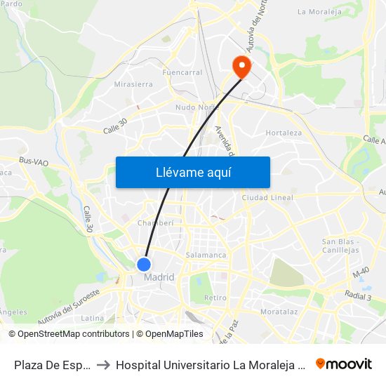 Plaza De España to Hospital Universitario La Moraleja Sanitas map