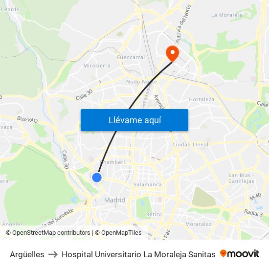 Argüelles to Hospital Universitario La Moraleja Sanitas map