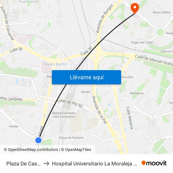 Plaza De Castilla to Hospital Universitario La Moraleja Sanitas map