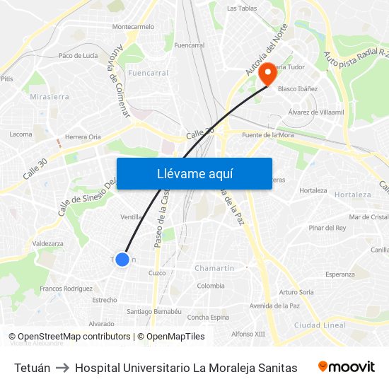 Tetuán to Hospital Universitario La Moraleja Sanitas map