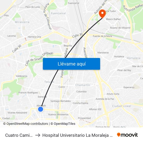 Cuatro Caminos to Hospital Universitario La Moraleja Sanitas map