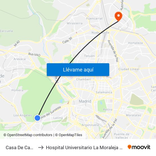 Casa De Campo to Hospital Universitario La Moraleja Sanitas map