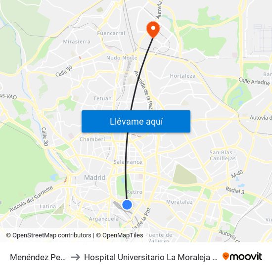 Menéndez Pelayo to Hospital Universitario La Moraleja Sanitas map