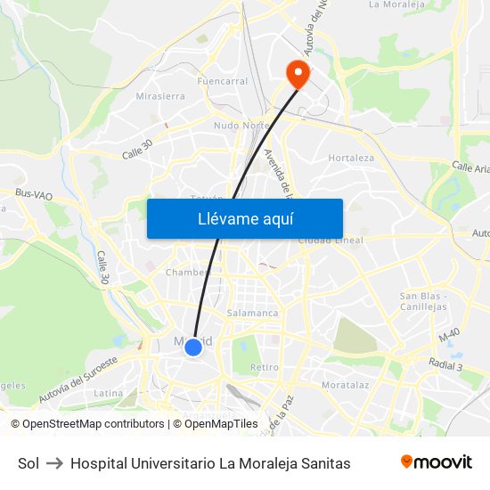 Sol to Hospital Universitario La Moraleja Sanitas map