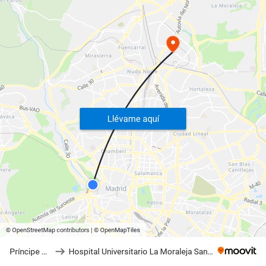 Príncipe Pío to Hospital Universitario La Moraleja Sanitas map