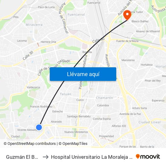 Guzmán El Bueno to Hospital Universitario La Moraleja Sanitas map