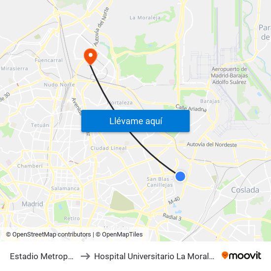 Estadio Metropolitano to Hospital Universitario La Moraleja Sanitas map