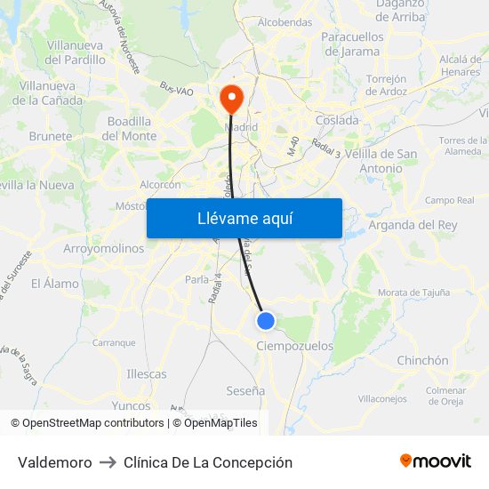 Valdemoro to Clínica De La Concepción map
