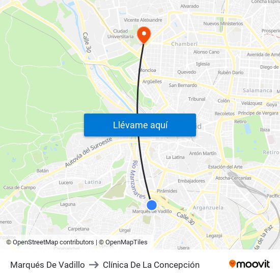 Marqués De Vadillo to Clínica De La Concepción map