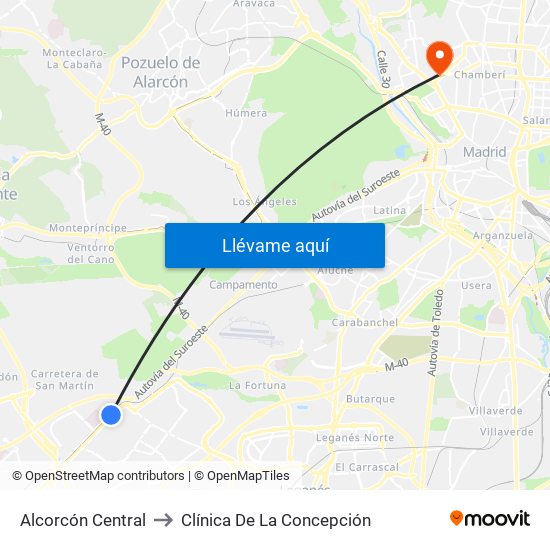 Alcorcón Central to Clínica De La Concepción map