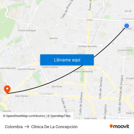 Colombia to Clínica De La Concepción map
