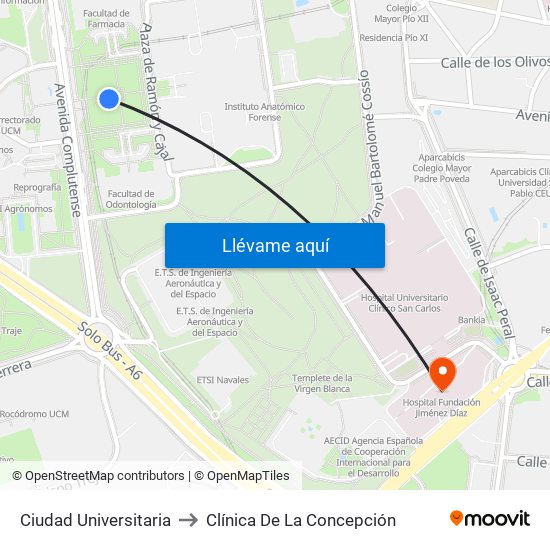 Ciudad Universitaria to Clínica De La Concepción map