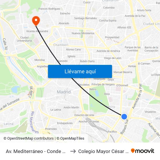 Av. Mediterráneo - Conde De Casal to Colegio Mayor César Carlos map