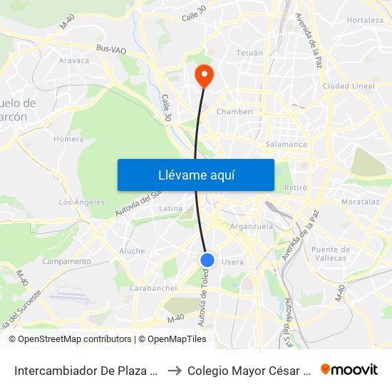 Intercambiador De Plaza Elíptica to Colegio Mayor César Carlos map