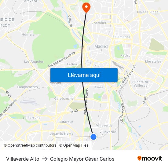 Villaverde Alto to Colegio Mayor César Carlos map