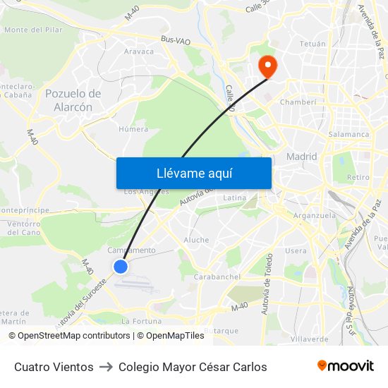 Cuatro Vientos to Colegio Mayor César Carlos map