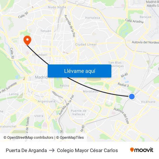 Puerta De Arganda to Colegio Mayor César Carlos map