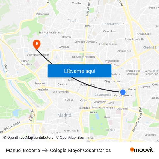 Manuel Becerra to Colegio Mayor César Carlos map