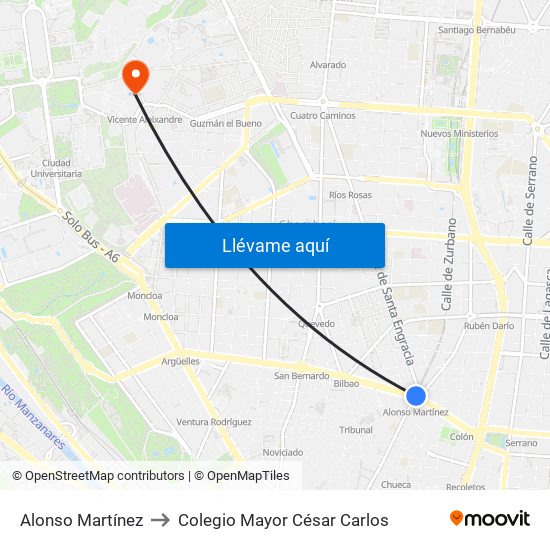Alonso Martínez to Colegio Mayor César Carlos map
