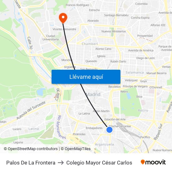 Palos De La Frontera to Colegio Mayor César Carlos map