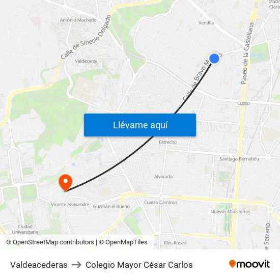 Valdeacederas to Colegio Mayor César Carlos map