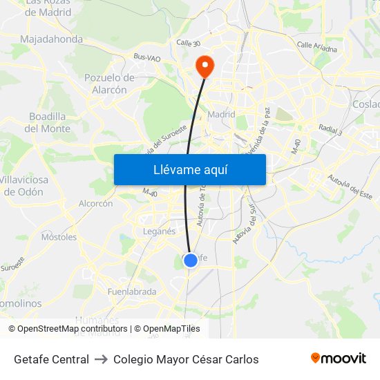 Getafe Central to Colegio Mayor César Carlos map