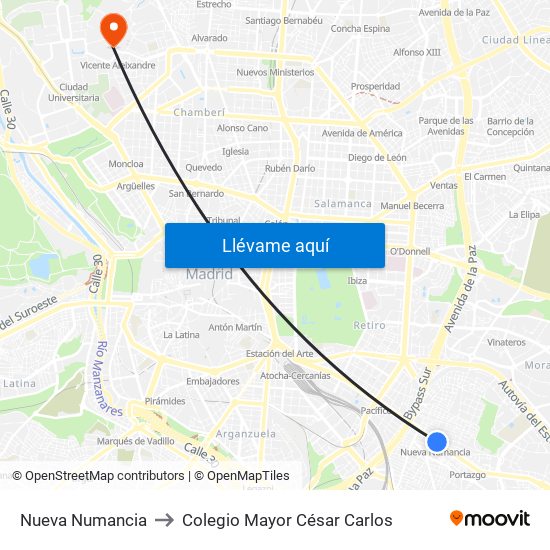 Nueva Numancia to Colegio Mayor César Carlos map