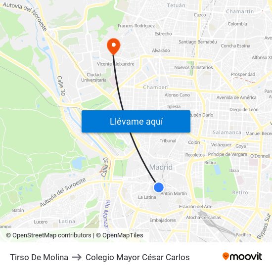 Tirso De Molina to Colegio Mayor César Carlos map