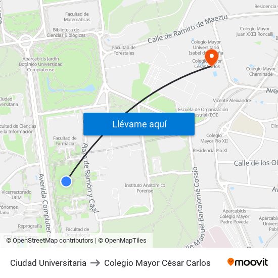 Ciudad Universitaria to Colegio Mayor César Carlos map