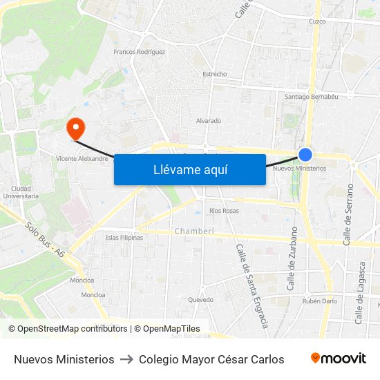 Nuevos Ministerios to Colegio Mayor César Carlos map