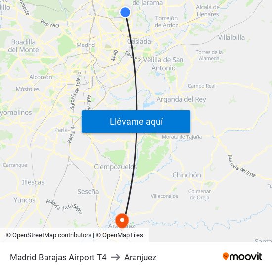 Madrid Barajas Airport T4 to Aranjuez map