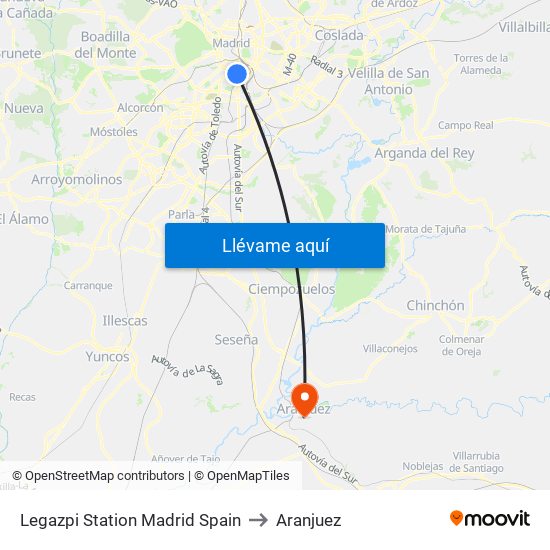 Legazpi Station Madrid Spain to Aranjuez map
