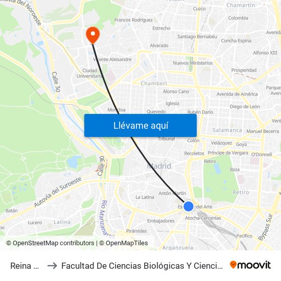 Reina Sofía to Facultad De Ciencias Biológicas Y Ciencias Geológicas map