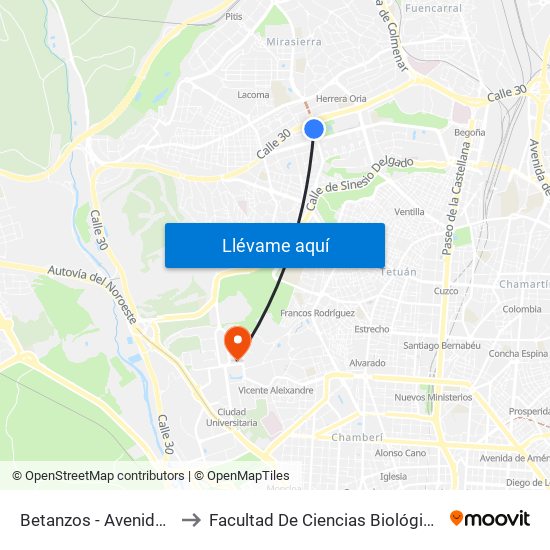 Betanzos - Avenida De La Ilustración to Facultad De Ciencias Biológicas Y Ciencias Geológicas map