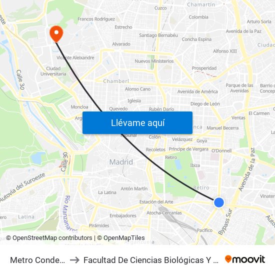 Metro Conde De Casal to Facultad De Ciencias Biológicas Y Ciencias Geológicas map