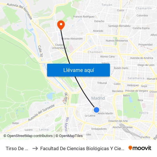 Tirso De Molina to Facultad De Ciencias Biológicas Y Ciencias Geológicas map