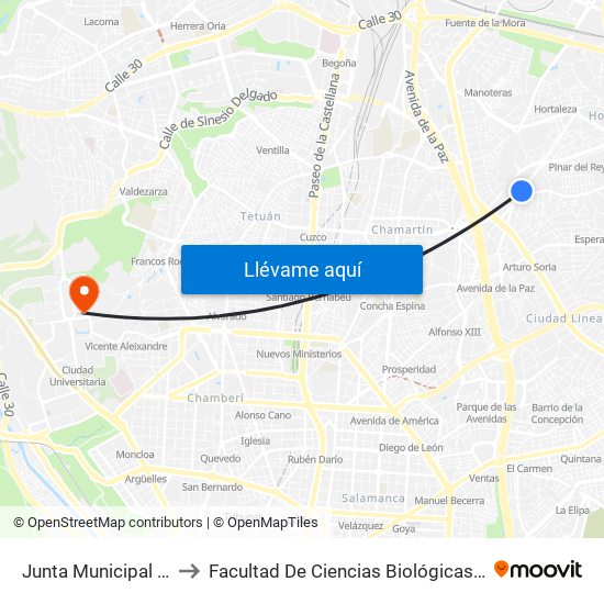 Junta Municipal De Hortaleza to Facultad De Ciencias Biológicas Y Ciencias Geológicas map