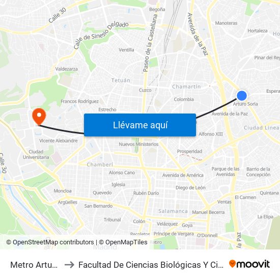 Metro Arturo Soria to Facultad De Ciencias Biológicas Y Ciencias Geológicas map