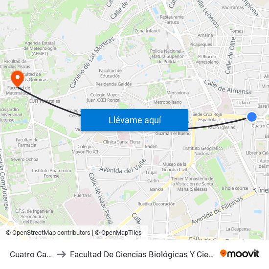 Cuatro Caminos to Facultad De Ciencias Biológicas Y Ciencias Geológicas map