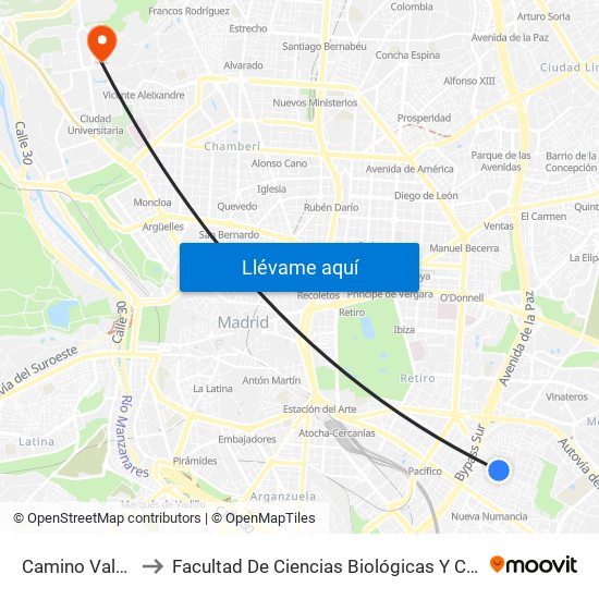 Camino Valderribas to Facultad De Ciencias Biológicas Y Ciencias Geológicas map