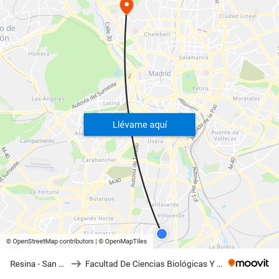 Resina - San Eustaquio to Facultad De Ciencias Biológicas Y Ciencias Geológicas map