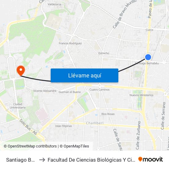 Santiago Bernabéu to Facultad De Ciencias Biológicas Y Ciencias Geológicas map