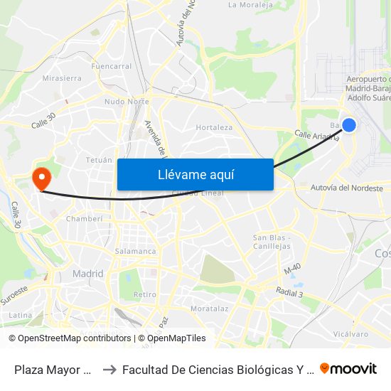 Plaza Mayor De Barajas to Facultad De Ciencias Biológicas Y Ciencias Geológicas map