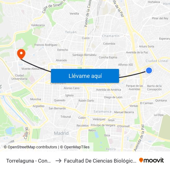 Torrelaguna - Condesa De Venadito to Facultad De Ciencias Biológicas Y Ciencias Geológicas map