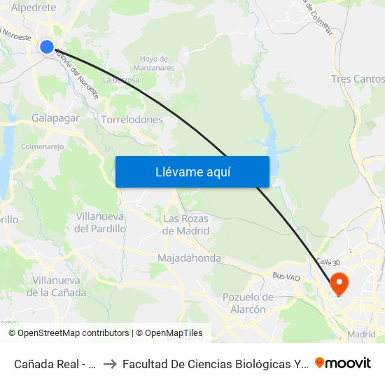 Cañada Real - Pza. Sierra to Facultad De Ciencias Biológicas Y Ciencias Geológicas map
