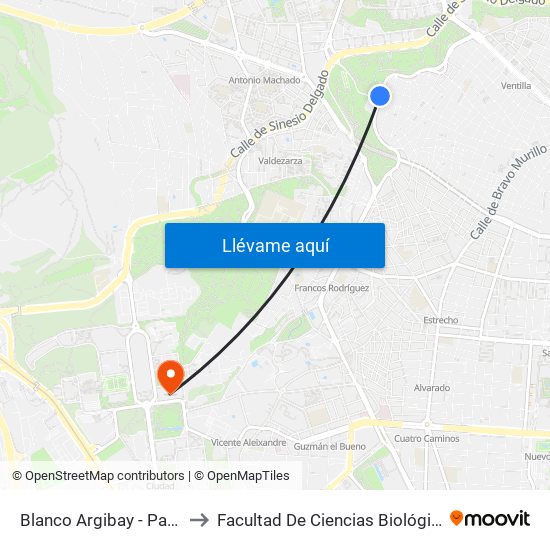 Blanco Argibay - Paseo De La Dirección to Facultad De Ciencias Biológicas Y Ciencias Geológicas map